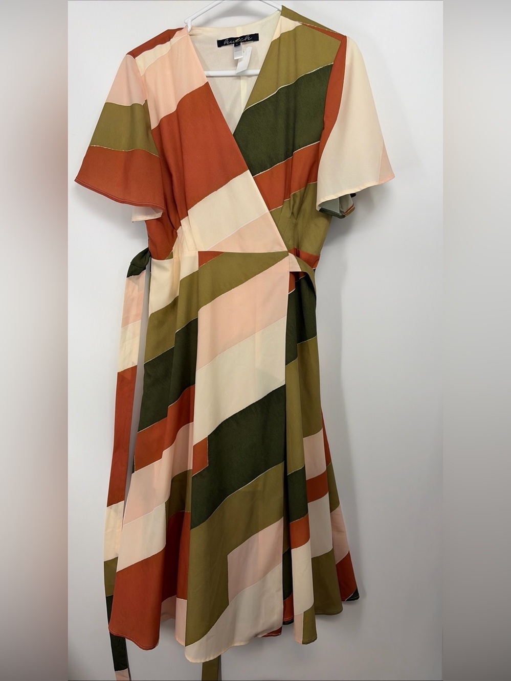 Hutch Olive, Rust, Cream & Blush Diagonal Wrap Midi Dress